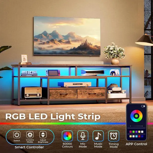 Alt view image 2 of 6 - Eyesoul 63 Inch LED TV Stand for 65 70 Inch TV, Entertainment Center with Open Shelves and Power Outlets, TV Console for Living Room, Media Console with Drawers, Rustic Brown, 8779FC