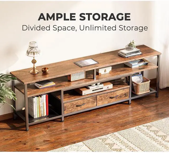 Alt view image 4 of 6 - Eyesoul 63 Inch LED TV Stand for 65 70 Inch TV, Entertainment Center with Open Shelves and Power Outlets, TV Console for Living Room, Media Console with Drawers, Rustic Brown, 8779FC