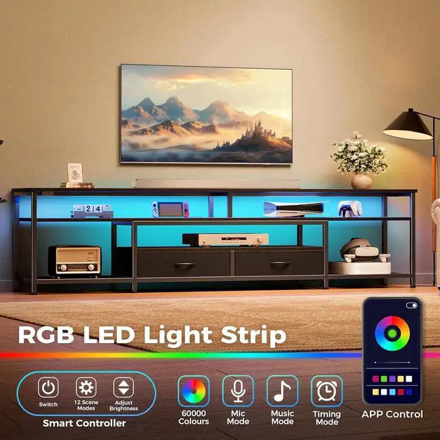 Alt view image 2 of 6 - Eyesoul 79 Inch TV Stand for 85, 90 Inch TV, Entertainment Center with LED Lights and Power Outlets, TV Console with Drawers, Shelves, Type C, PU Leather Surface, for Living Room, Black