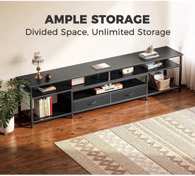 Alt view image 4 of 6 - Eyesoul 79 Inch TV Stand for 85, 90 Inch TV, Entertainment Center with LED Lights and Power Outlets, TV Console with Drawers, Shelves, Type C, PU Leather Surface, for Living Room, Black