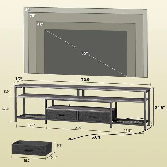 Alt view image 6 of 6 - Eyesoul TV Stand for 75 80 Inch TV, Entertainment Center with Power Outlets and LED Lights, 70.9 Inch TV Console for Living Room, Media Console with Drawers and Shelves, Grey