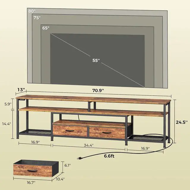 Alt view image 6 of 6 - Eyesoul TV Stand for 75 80 Inch TV, Entertainment Center with Power Outlets and LED Lights, 70.9 Inch TV Console for Living Room, Media Console with Drawers and Shelves, Rustic Brown