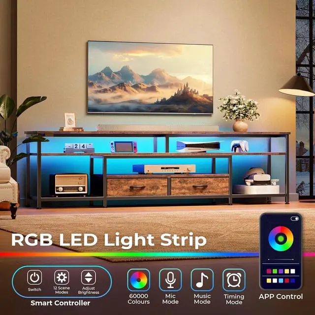 Alt view image 2 of 6 - Eyesoul TV Stand for 75 80 Inch TV, Entertainment Center with Power Outlets and LED Lights, 70.9 Inch TV Console for Living Room, Media Console with Drawers and Shelves, Rustic Brown