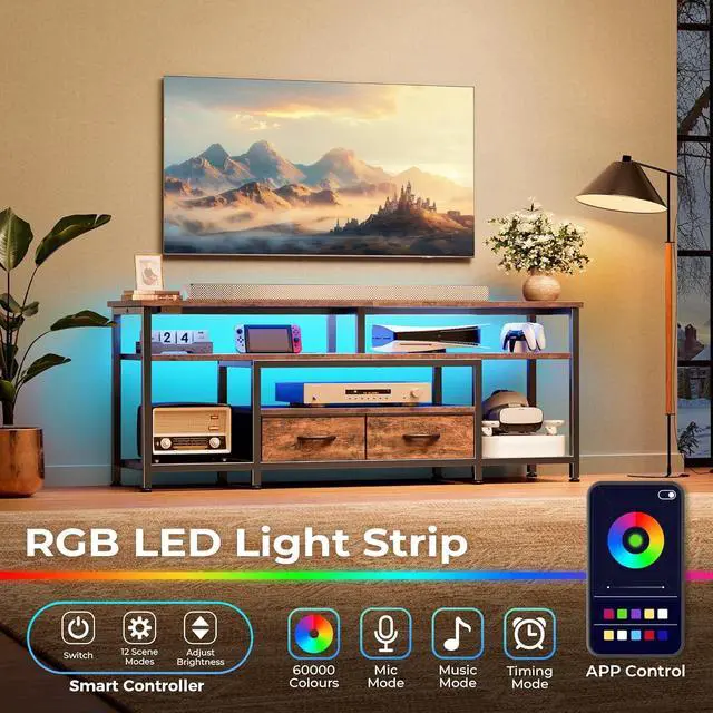 Alt view image 2 of 6 - Eyesoul TV Stand for 55 60 Inch TV, Entertainment Center with Power Outlets and LED Lights, 54 Inch TV Console for Living Room, Media Console with Drawers and Shelves, Rustic Brown, 8778FC