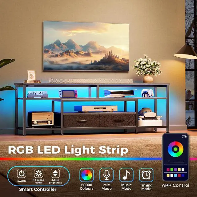 Alt view image 2 of 6 - Eyesoul 63 Inch LED TV Stand for 65 70 Inch TV, Entertainment Center with Open Shelves and Power Outlets, TV Console for Living Room, Media Console with Drawers, Grey, 8779HC