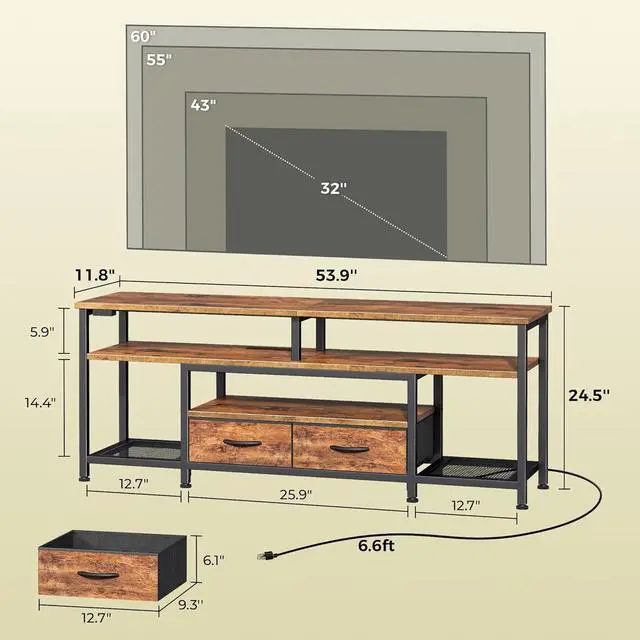 Alt view image 4 of 6 - Eyesoul TV Stand for 55 60 Inch TV, Entertainment Center with Power Outlets and LED Lights, 54 Inch TV Console for Living Room, Media Console with Drawers and Shelves, Rustic Brown, 8778FC