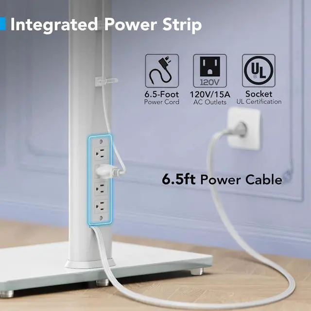 Alt view image 2 of 6 - Eyesoul Floor TV Stand with Power Outlet, Universal TV Stand Mount for 27-65 inch TV up to 88lbs, 70 Degree Swivel 9 Level Height Adjustable with Tempered Glass Base for Bedroom, Office White