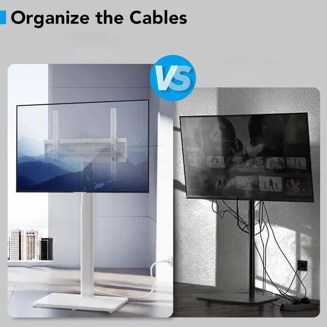 Alt view image 5 of 6 - Eyesoul Floor TV Stand with Power Outlet, Universal TV Stand Mount for 27-65 inch TV up to 88lbs, 70 Degree Swivel 9 Level Height Adjustable with Tempered Glass Base for Bedroom, Office White