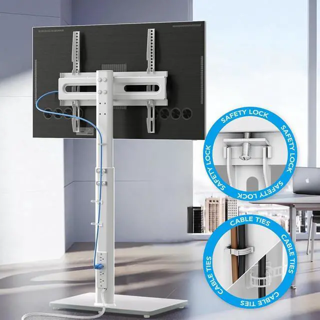 Alt view image 6 of 6 - Eyesoul Floor TV Stand with Power Outlet, Universal TV Stand Mount for 27-65 inch TV up to 88lbs, 70 Degree Swivel 9 Level Height Adjustable with Tempered Glass Base for Bedroom, Office White