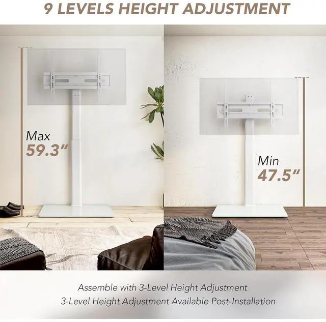 Alt view image 3 of 6 - Eyesoul Universal Floor TV Stand with Mount 70 Degree Swivel 9 Level Height Adjustable and Space Saving Design for Most 27 to 65 inch LCD, LED OLED TVs, Perfect for Corner & Bedroom White AX1006TW