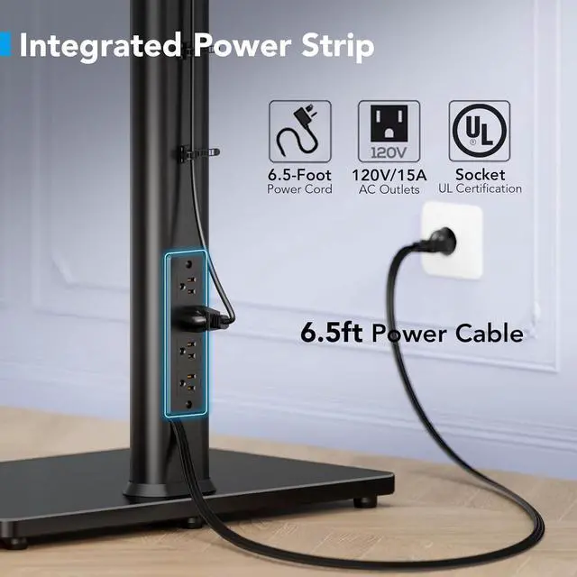 Alt view image 2 of 6 - Eyesoul Floor TV Stand with Power Outlet, Universal TV Stand Mount for 27-65 inch TV up to 88lbs, 70 Degree Swivel 9 Level Height Adjustable with Tempered Glass Base for Bedroom, Office Black