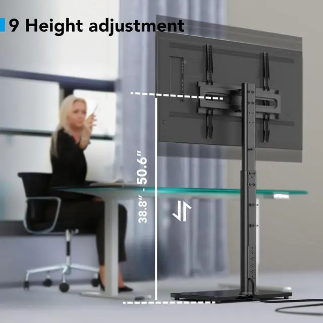 Alt view image 3 of 6 - Eyesoul Floor TV Stand with Power Outlet, Universal TV Stand Mount for 27-65 inch TV up to 88lbs, 70 Degree Swivel 9 Level Height Adjustable with Tempered Glass Base for Bedroom, Office Black