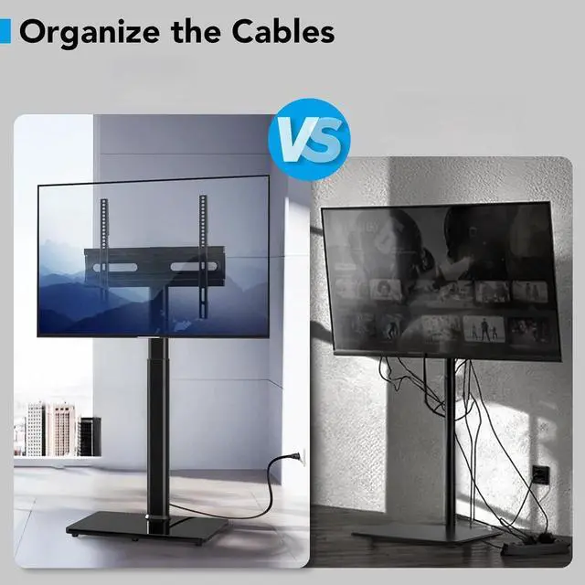 Alt view image 5 of 6 - Eyesoul Floor TV Stand with Power Outlet, Universal TV Stand Mount for 27-65 inch TV up to 88lbs, 70 Degree Swivel 9 Level Height Adjustable with Tempered Glass Base for Bedroom, Office Black