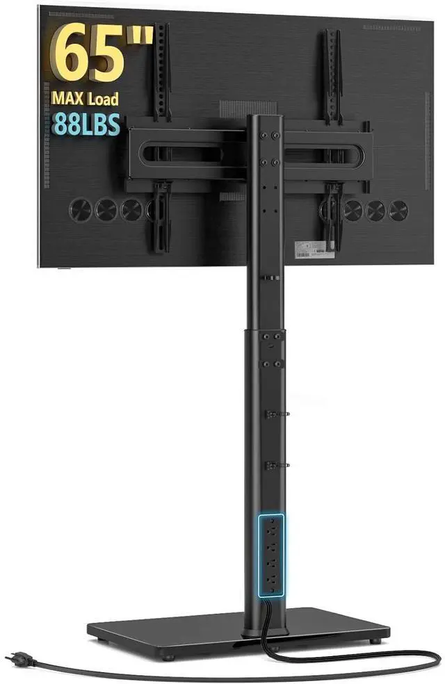 Main image of Eyesoul Floor TV Stand with Power Outlet, Universal TV Stand Mount for 27-65 inch TV up to 88lbs, 70 Degree Swivel 9 Level Height Adjustable with Tempered Glass Base for Bedroom, Office Black