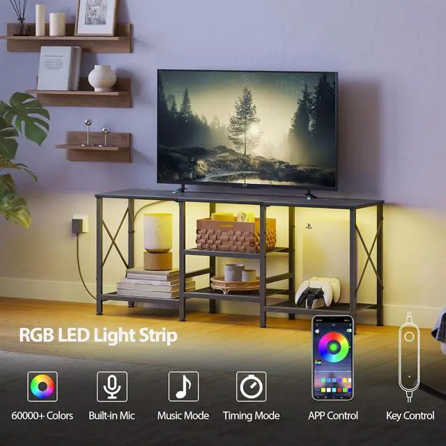 Alt view image 4 of 6 - Eyesoul TV Stand with LED Lights for 55 Inch TV, Entertainment Center with 3-Tier Open Shelves, TV Console Table for Living Room, Bedroom, Black