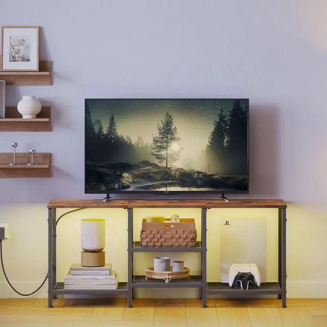 Alt view image 2 of 6 - Eyesoul TV Stand with LED Lights for 55 Inch TV, Entertainment Center with 3-Tier Open Shelves, TV Console Table for Living Room, Bedroom, Rustic Brown