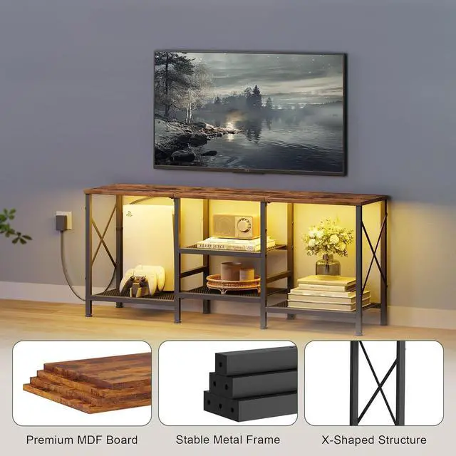 Alt view image 6 of 6 - Eyesoul TV Stand with LED Lights for 55 Inch TV, Entertainment Center with 3-Tier Open Shelves, TV Console Table for Living Room, Bedroom, Rustic Brown