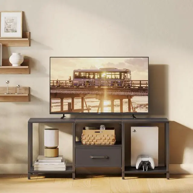 Alt view image 2 of 6 - Eyesoul TV Stand with Fabric Drawer for 55 Inch TV, Entertainment Center with Open Shelves, Media TV Console Table for Living Room, Bedroom, Black