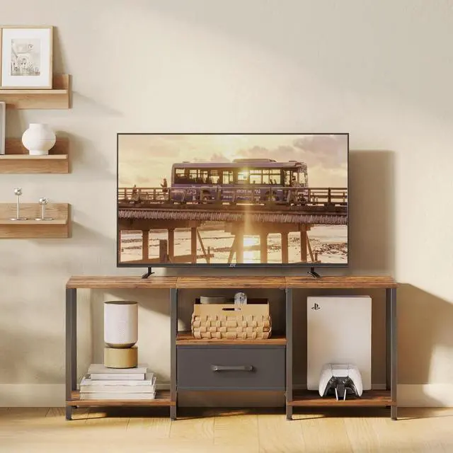 Alt view image 2 of 6 - Eyesoul TV Stand with Fabric Drawer for 55 Inch TV, Entertainment Center with Open Shelves, Media TV Console Table for Living Room, Bedroom, Rustic Brown