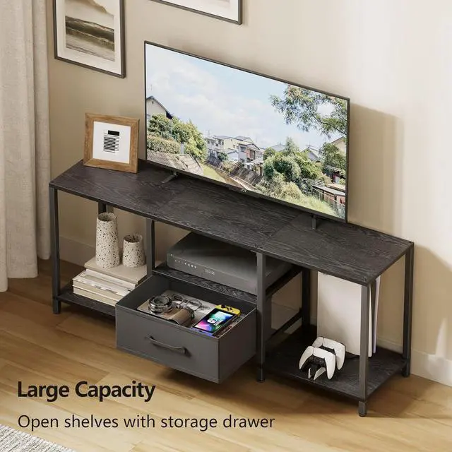 Alt view image 4 of 6 - Eyesoul TV Stand with Fabric Drawer for 55 Inch TV, Entertainment Center with Open Shelves, Media TV Console Table for Living Room, Bedroom, Black