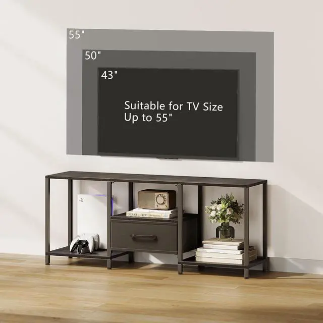 Alt view image 6 of 6 - Eyesoul TV Stand with Fabric Drawer for 55 Inch TV, Entertainment Center with Open Shelves, Media TV Console Table for Living Room, Bedroom, Black