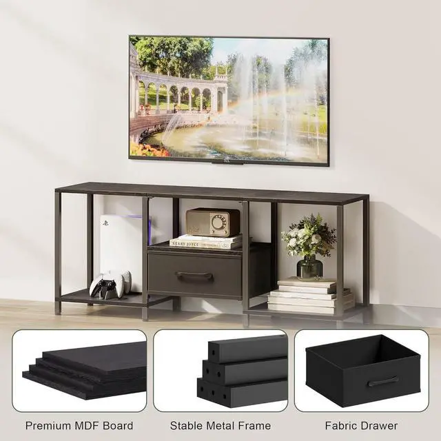 Alt view image 5 of 6 - Eyesoul TV Stand with Fabric Drawer for 55 Inch TV, Entertainment Center with Open Shelves, Media TV Console Table for Living Room, Bedroom, Black