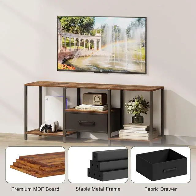 Alt view image 5 of 6 - Eyesoul TV Stand with Fabric Drawer for 55 Inch TV, Entertainment Center with Open Shelves, Media TV Console Table for Living Room, Bedroom, Rustic Brown