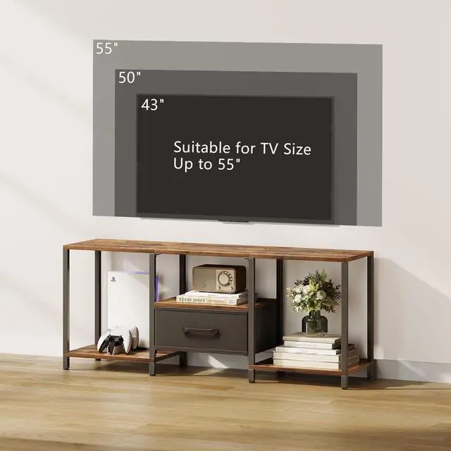 Alt view image 6 of 6 - Eyesoul TV Stand with Fabric Drawer for 55 Inch TV, Entertainment Center with Open Shelves, Media TV Console Table for Living Room, Bedroom, Rustic Brown