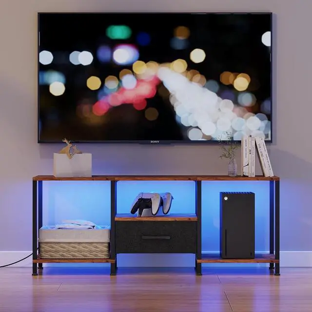 Alt view image 2 of 6 - Eyesoul TV Stand with LED Lights, Entertainment Center with Open Shelves and Fabric Drawer, Media Console for 55 Inch TV, Television Stands, Living Room Furniture, Bedroom, Rustic Brown