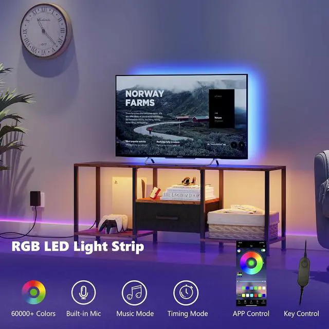 Alt view image 4 of 6 - Eyesoul TV Stand with LED Lights, Entertainment Center with Open Shelves and Fabric Drawer, Media Console for 55 Inch TV, Television Stands, Living Room Furniture, Bedroom, Rustic Brown