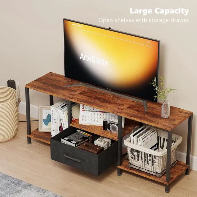 Alt view image 5 of 6 - Eyesoul TV Stand with LED Lights, Entertainment Center with Open Shelves and Fabric Drawer, Media Console for 55 Inch TV, Television Stands, Living Room Furniture, Bedroom, Rustic Brown