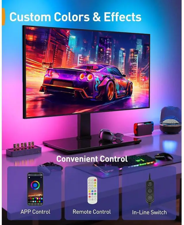 Alt view image 3 of 6 - Eyesoul Universal Swivel TV Stand with LED Lights for 3270 inch TVs, Height Adjustable Table Top TV Stand with Tilt, Tempered Glass Base, Holds up to 88 lbs, Max VESA 400x400mm, PGTVS32B