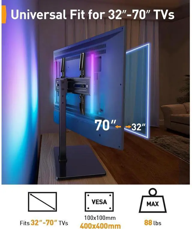 Alt view image 6 of 6 - Eyesoul Universal Swivel TV Stand with LED Lights for 3270 inch TVs, Height Adjustable Table Top TV Stand with Tilt, Tempered Glass Base, Holds up to 88 lbs, Max VESA 400x400mm, PGTVS32B