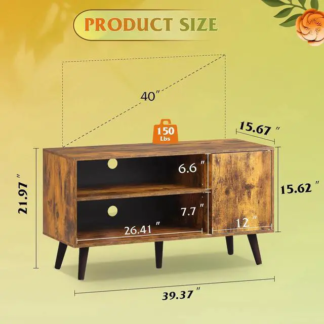 Alt view image 3 of 6 - Eyesoul TV Stand for 43 Inch TV, Small Entertainment Center with Storage Cabinet & Adjustable Shelves, Mid-Century Modern TV Stands for Living Room and Bedroom, 32" TV Console, Brown