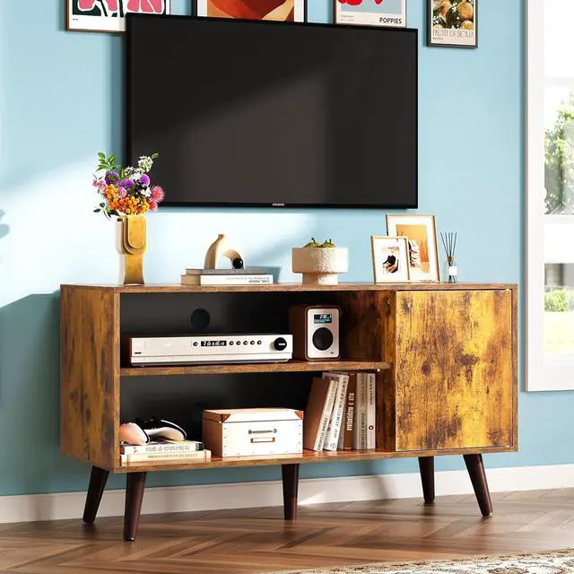 Alt view image 2 of 6 - Eyesoul TV Stand for 43 Inch TV, Small Entertainment Center with Storage Cabinet & Adjustable Shelves, Mid-Century Modern TV Stands for Living Room and Bedroom, 32" TV Console, Brown