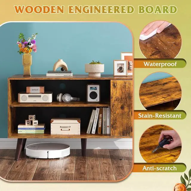 Alt view image 4 of 6 - Eyesoul TV Stand for 43 Inch TV, Small Entertainment Center with Storage Cabinet & Adjustable Shelves, Mid-Century Modern TV Stands for Living Room and Bedroom, 32" TV Console, Brown