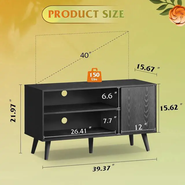 Alt view image 3 of 6 - Eyesoul TV Stand for 43 Inch TV, Small Entertainment Center with Storage Cabinet & Adjustable Shelves, Mid-Century Modern TV Stands for Living Room and Bedroom, 32" TV Console, Black