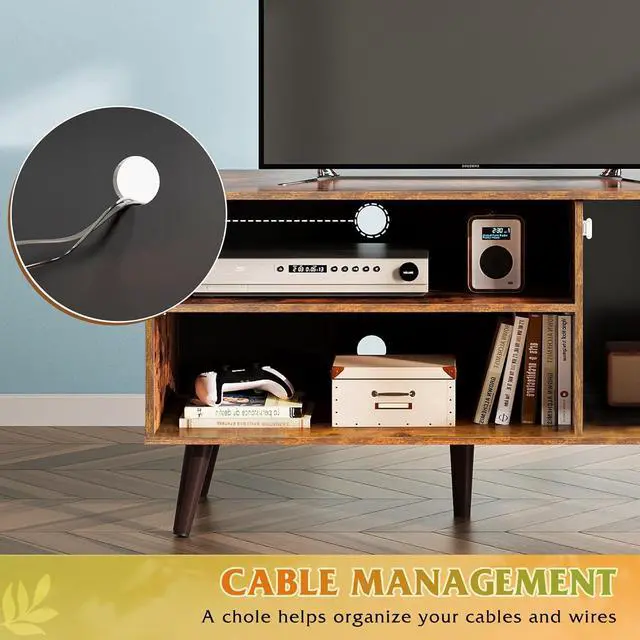 Alt view image 6 of 6 - Eyesoul TV Stand for 43 Inch TV, Small Entertainment Center with Storage Cabinet & Adjustable Shelves, Mid-Century Modern TV Stands for Living Room and Bedroom, 32" TV Console, Brown