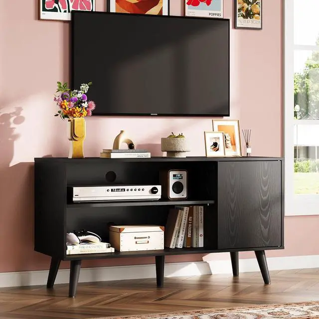 Alt view image 2 of 6 - Eyesoul TV Stand for 43 Inch TV, Small Entertainment Center with Storage Cabinet & Adjustable Shelves, Mid-Century Modern TV Stands for Living Room and Bedroom, 32" TV Console, Black
