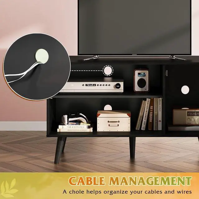 Alt view image 6 of 6 - Eyesoul TV Stand for 43 Inch TV, Small Entertainment Center with Storage Cabinet & Adjustable Shelves, Mid-Century Modern TV Stands for Living Room and Bedroom, 32" TV Console, Black