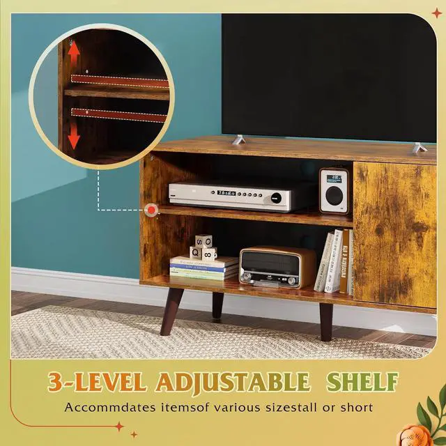 Alt view image 5 of 6 - Eyesoul TV Stand for 43 Inch TV, Small Entertainment Center with Storage Cabinet & Adjustable Shelves, Mid-Century Modern TV Stands for Living Room and Bedroom, 32" TV Console, Brown