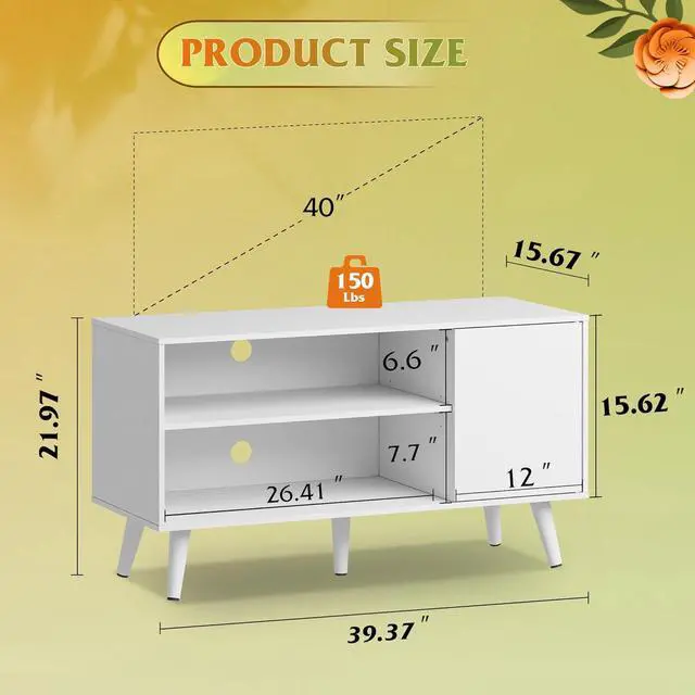 Alt view image 3 of 6 - Eyesoul TV Stand for 43 Inch TV, Small Entertainment Center with Storage Cabinet & Adjustable Shelves, Mid-Century Modern TV Stands for Living Room and Bedroom, TV Console Suit 32 Inch TV, White