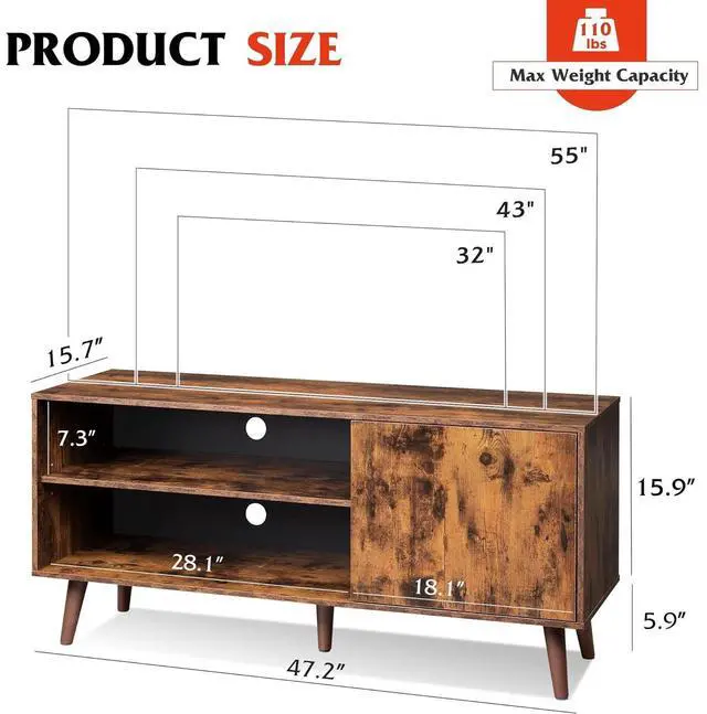 Alt view image 3 of 6 - Eyesoul TV Stand for 55 Inch TVs, Entertainment Center with Storage Cabinet, Mid-Century TV Stands for Living Room and Bedroom, 50" TV Console, Brown
