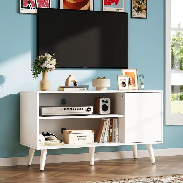 Alt view image 2 of 6 - Eyesoul TV Stand for 43 Inch TV, Small Entertainment Center with Storage Cabinet & Adjustable Shelves, Mid-Century Modern TV Stands for Living Room and Bedroom, TV Console Suit 32 Inch TV, White