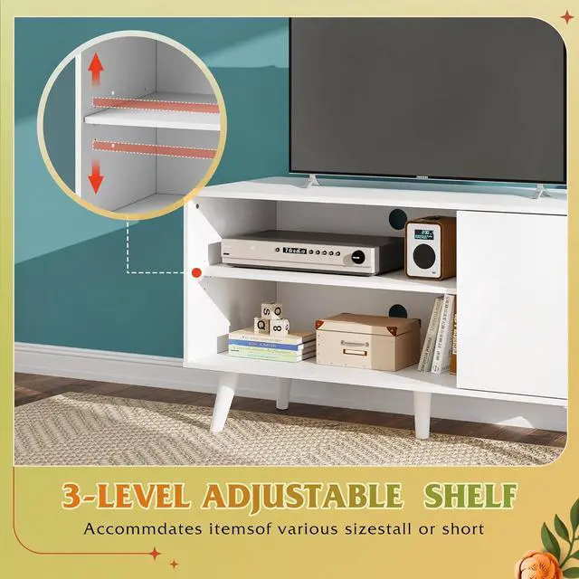 Alt view image 5 of 6 - Eyesoul TV Stand for 43 Inch TV, Small Entertainment Center with Storage Cabinet & Adjustable Shelves, Mid-Century Modern TV Stands for Living Room and Bedroom, TV Console Suit 32 Inch TV, White