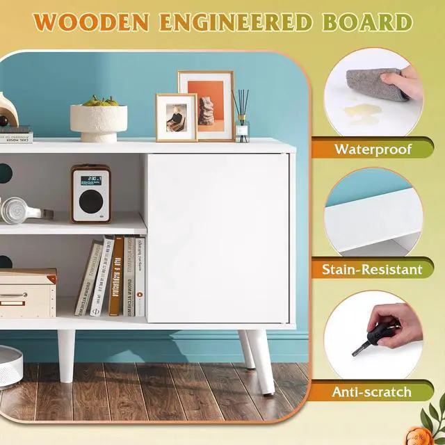 Alt view image 4 of 6 - Eyesoul TV Stand for 43 Inch TV, Small Entertainment Center with Storage Cabinet & Adjustable Shelves, Mid-Century Modern TV Stands for Living Room and Bedroom, TV Console Suit 32 Inch TV, White