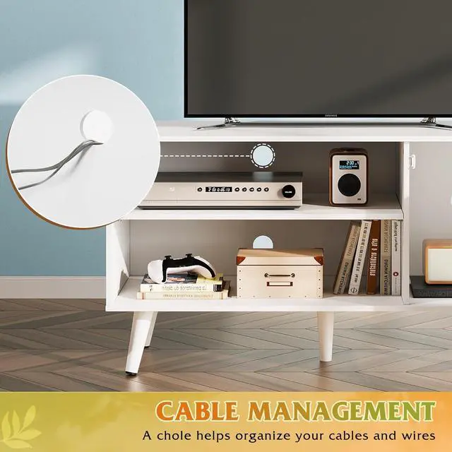 Alt view image 6 of 6 - Eyesoul TV Stand for 43 Inch TV, Small Entertainment Center with Storage Cabinet & Adjustable Shelves, Mid-Century Modern TV Stands for Living Room and Bedroom, TV Console Suit 32 Inch TV, White