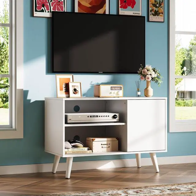 Alt view image 2 of 6 - Eyesoul TV Stand for 40 Inch TVs, Small Entertainment Center with Storage Cabinet, Mid-Century Modern TV Stands for Living Room and Bedroom, 32" TV Console, White