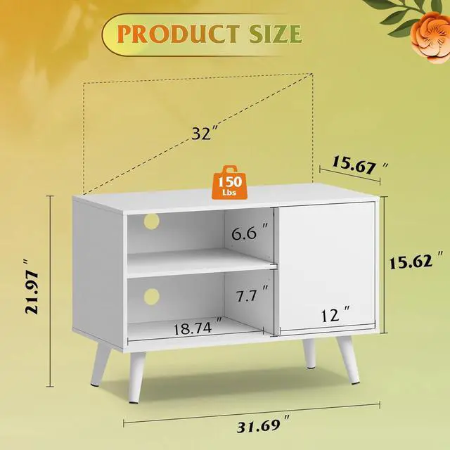 Alt view image 3 of 6 - Eyesoul TV Stand for 40 Inch TVs, Small Entertainment Center with Storage Cabinet, Mid-Century Modern TV Stands for Living Room and Bedroom, 32" TV Console, White