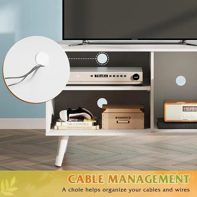 Alt view image 6 of 6 - Eyesoul TV Stand for 40 Inch TVs, Small Entertainment Center with Storage Cabinet, Mid-Century Modern TV Stands for Living Room and Bedroom, 32" TV Console, White